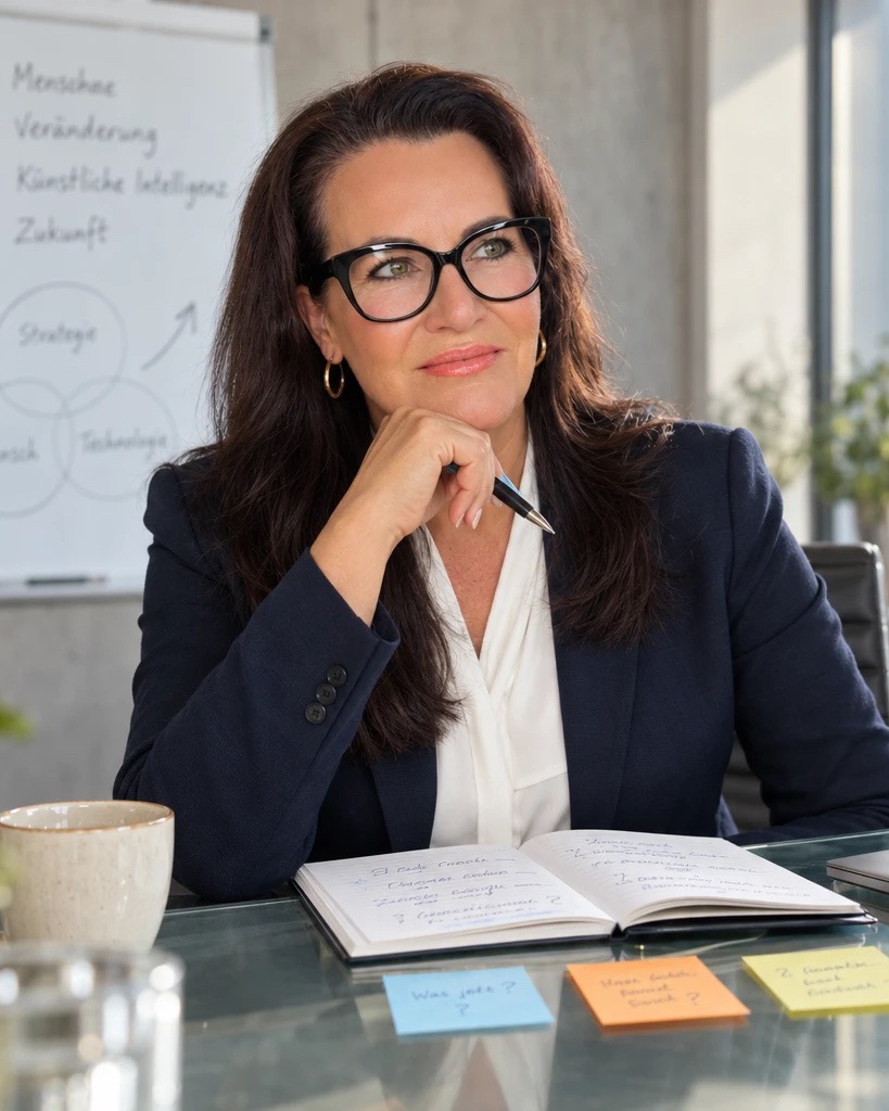 Daniela Aigner-Seum am Schreibtisch, nachdenklich, im Hintergrund ein Flipchart